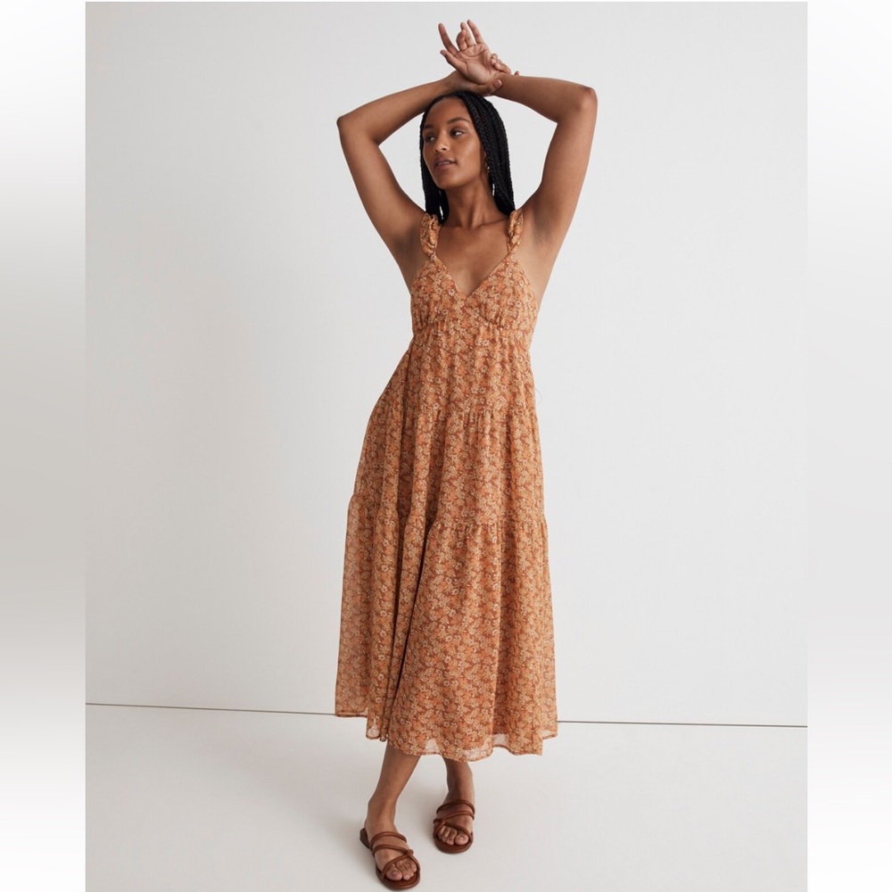 NWT (Re)sourced Georgette Ruffle-Sleeve Tiered Midi Dress in Daisy Meadow